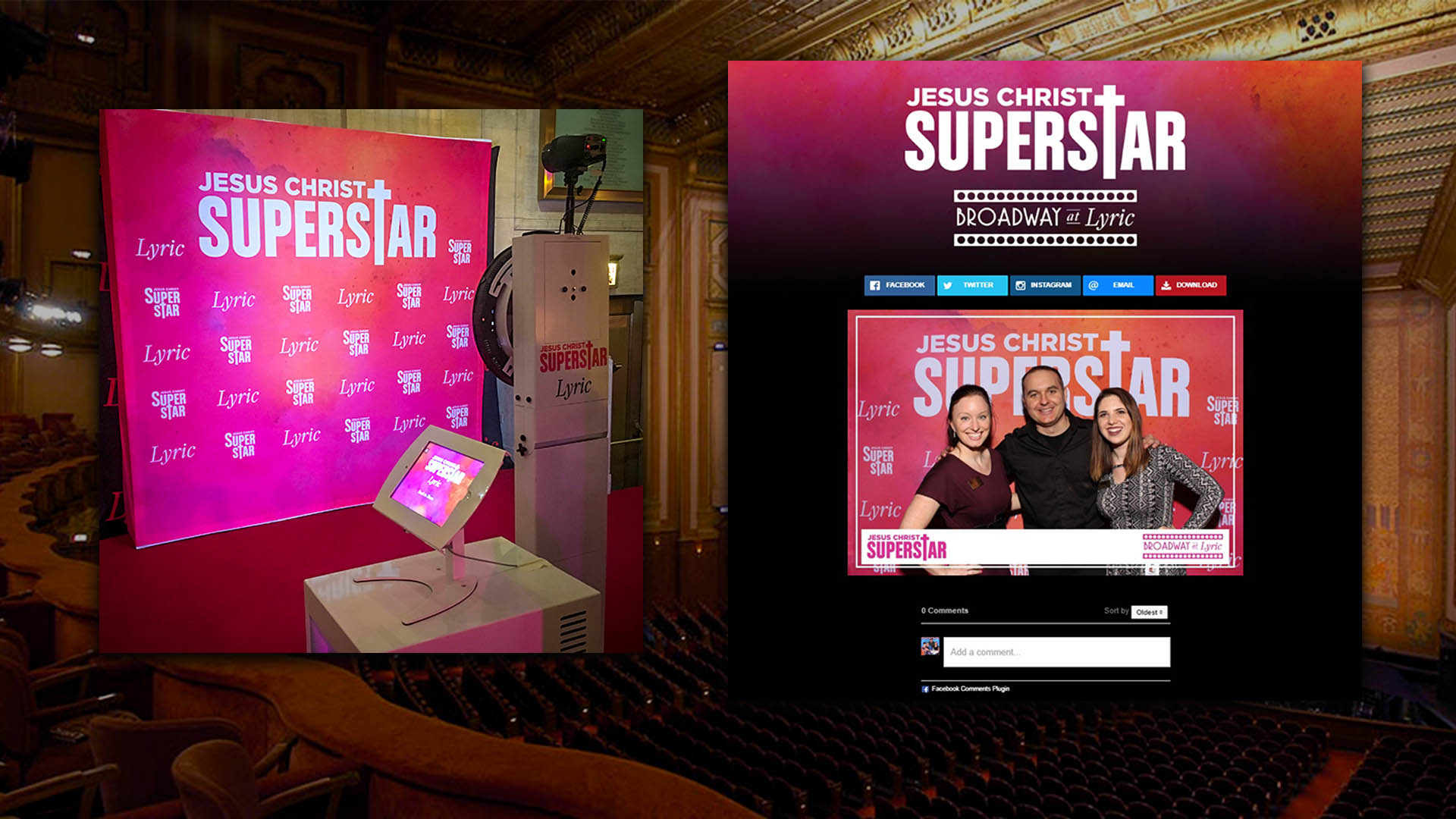 A theater setting with a promotional booth for Jesus Christ Superstar: Broadway at Lyric. A screen displays a photo of four people posing in front of the shows logo backdrop.
