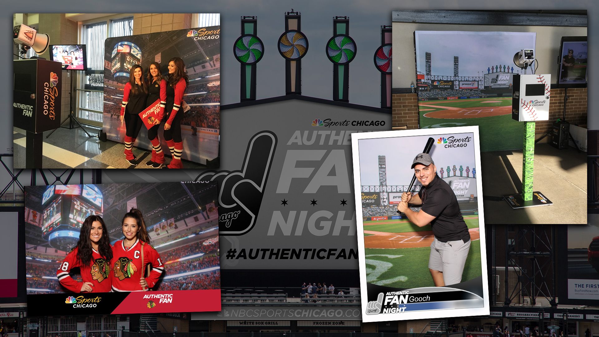 A collage of photos featuring a sports event. People are posing with hockey jerseys and memorabilia. Displays and signs with the NBC Sports Chicago logo and Authentic Fan Night are visible, along with a baseball park backdrop and sports equipment.