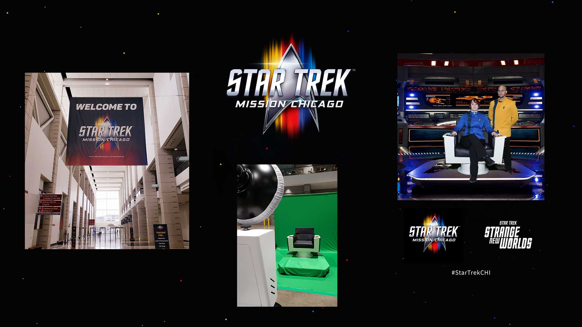 Collage featuring: a Star Trek: Mission Chicago banner in a lobby, a person in a Star Trek uniform on a set resembling a spaceship bridge, and a green screen setup. Hashtags and logos for the event are also included.