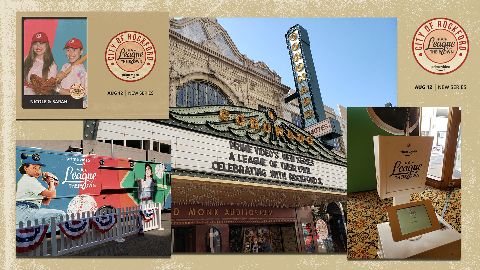 Collage featuring promotional materials for A League of Their Own series: a marquee with show details, a poster with two people in sports gear, and a Prime Video invitation card. The background shows a historic theater facade.