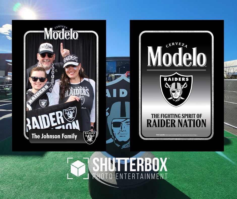 A family wearing Raiders gear poses for a photo; the background features a Modelo beer advertisement with the Raiders logo and the phrase The Fighting Spirit of Raider Nation. Text overlay reads The Johnson Family. Shutterbox Photo Entertainment logo at the bottom.