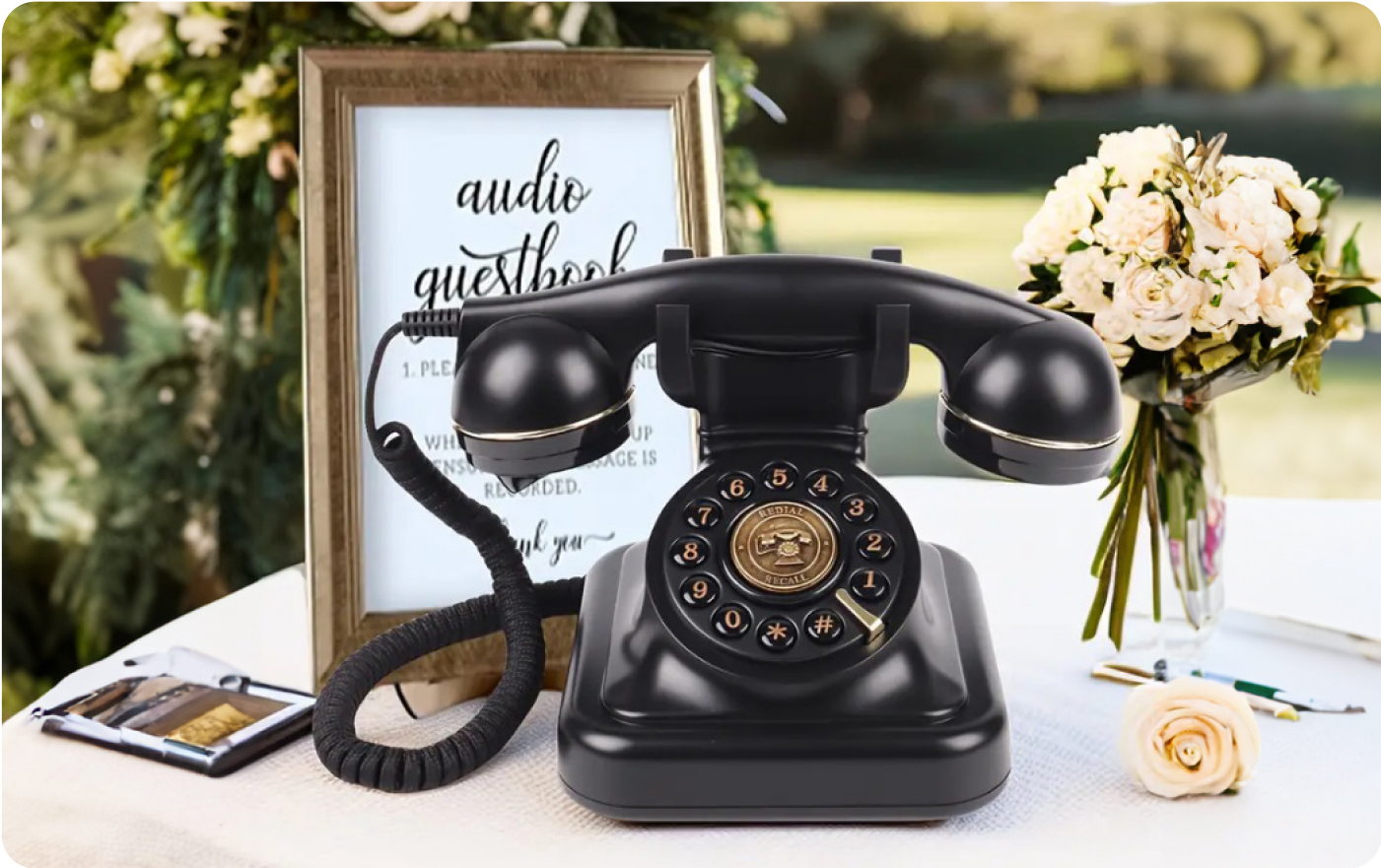 A vintage black rotary phone sits on a table, serving as an audio guestbook setup. Beside it, a framed sign offers instructions. The table, adorned with white and peach flowers, is perfect for capturing memories—consider adding a photo booth rental from Chicago for even more fun!