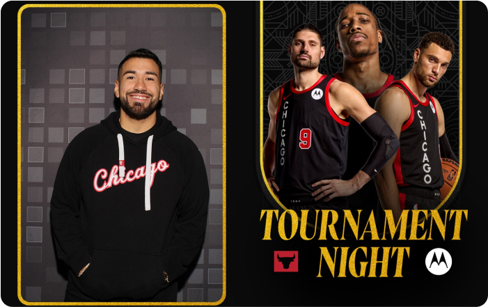 A man in a black Chicago hoodie smiles at the camera on the left, near a bustling trading-card booth. On the right, three basketball players in black Chicago uniforms pose with Tournament Night text below.