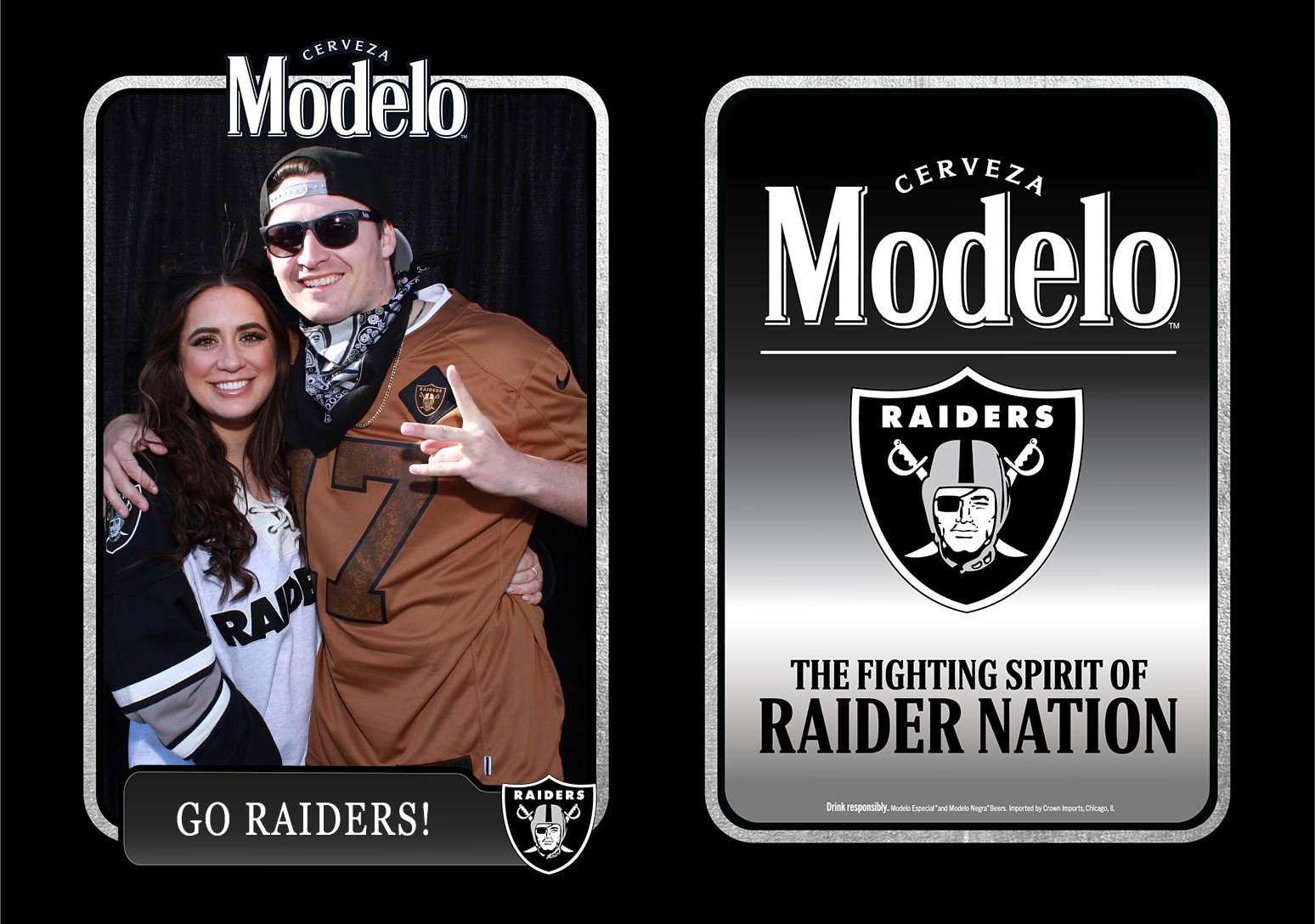 A man and woman in Raiders gear pose for a photo, embodying the fighting spirit of Raider Nation. The man flashes a thumbs-up, both are all smiles. Framed by Modelo and Raiders logos with 