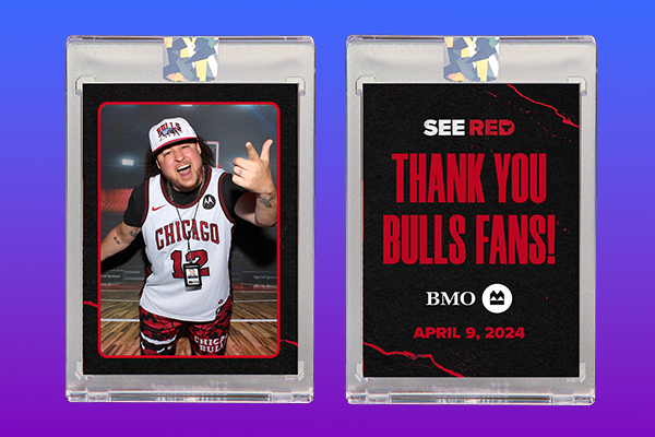 A double-sided card display. The left side features a person wearing a Chicago Bulls cap and jersey, posing energetically. The right side has text: See Red. Thank You Bulls Fans! BMO. April 9, 2024.