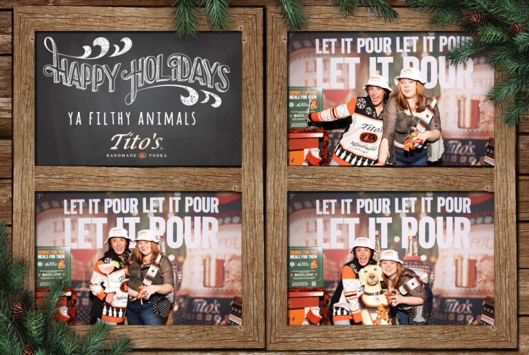 A festive collage featuring a Happy Holidays sign with Titos branding on a wooden background, accompanied by a lively holiday party vibe. Three images capture people celebrating, with Titos drinks in hand, while pine branches and a photo booth frame add a cheerful seasonal touch.