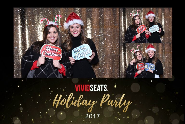 Two people posing with holiday props, including Merry Christmas and Snow Angel signs, at the Vivid Seats Holiday Party 2017's shutterbox photo booth. The background features a gold sequin curtain. Additional small photos showcase more festive poses from the corporate event.