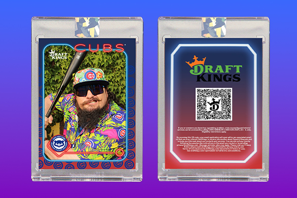 The image showcases a baseball-themed DraftKings card with a vibrant photo of a person in colorful attire and a Cubs cap, holding a bat. The back features a QR code and promotion details. Its encased in clear plastic, set against a blue-purple gradient background, reminiscent of photo booth rental Chicago vibes.