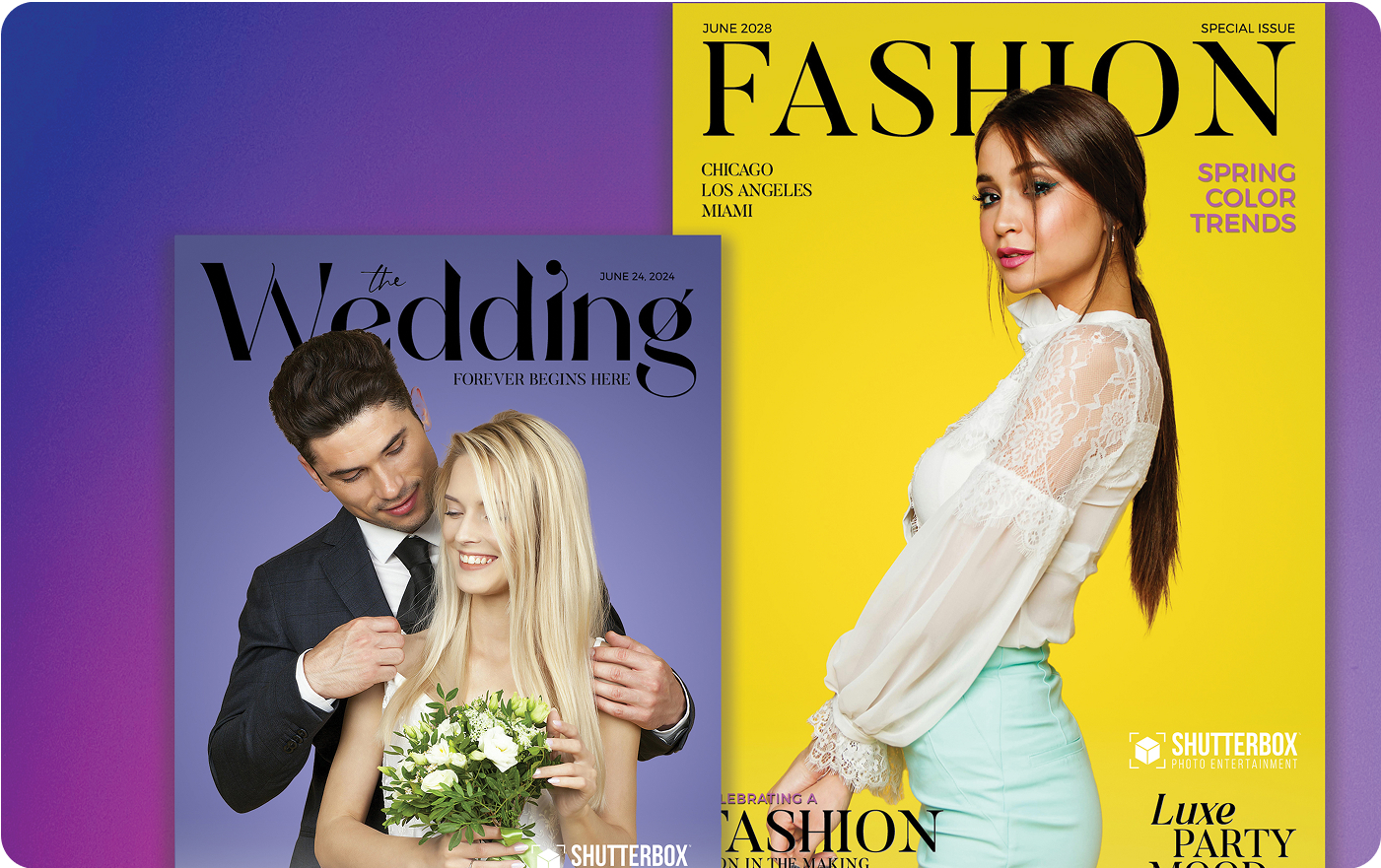 Two magazine covers: Left, The Wedding captures a couple in formal attire, the groom embracing the bride holding a bouquet, ideal for your big day. Right, Fashion, with a model in a sheer white blouse against yellow, titled Spring Color Trends. Perfect inspiration for your Chicago photo booth rental backdrop.