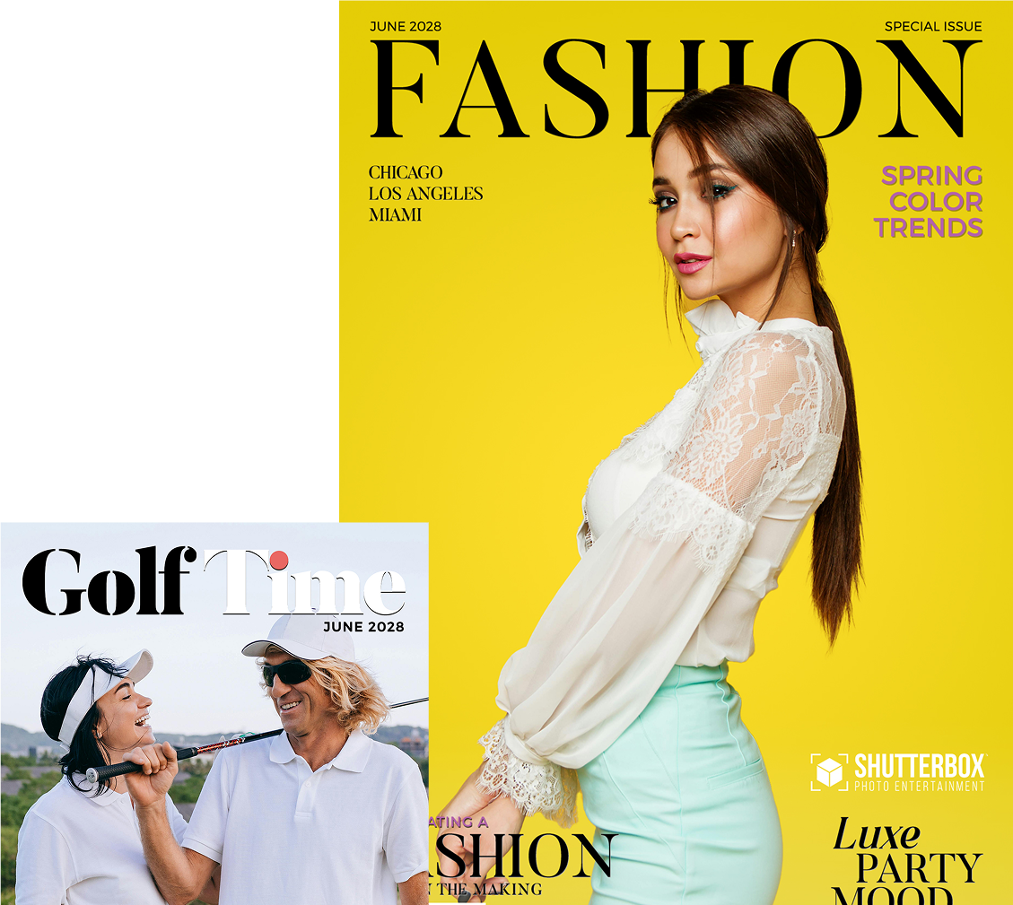 A composite image showing two magazine covers. The top cover features a woman in a white blouse and green skirt, titled FASHION. The bottom cover features two men in golf attire, one holding a golf club, titled Golf Time.