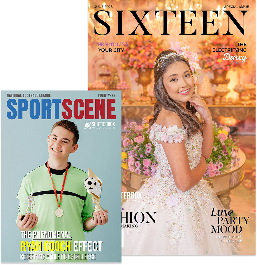 Two magazine covers: one features a young woman in an elegant, pink off-shoulder dress with a tiara, set against a floral background. The other showcases a young man holding sports trophies, wearing casual green clothes with a light blue backdrop.