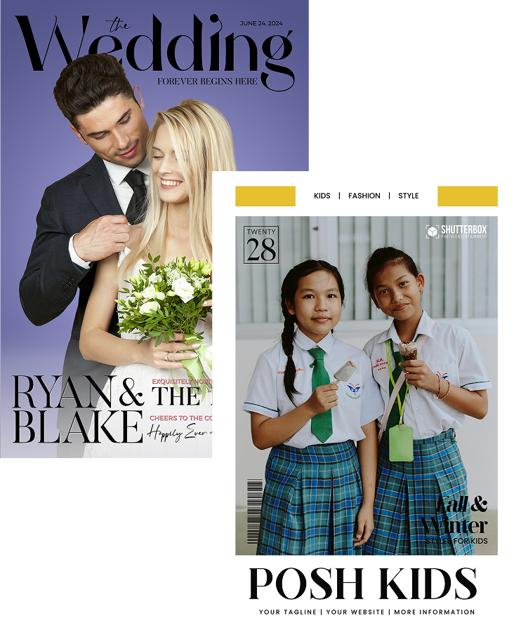 A photo booth magazine cover displays a couple; the man in a suit hugs a woman holding a bouquet, evoking memories captured by wedding photo booth rentals. Another cover shows two smiling children in school uniforms, one with a tie and the other holding a magazine. The covers are titled The Wedding and Posh Kids.