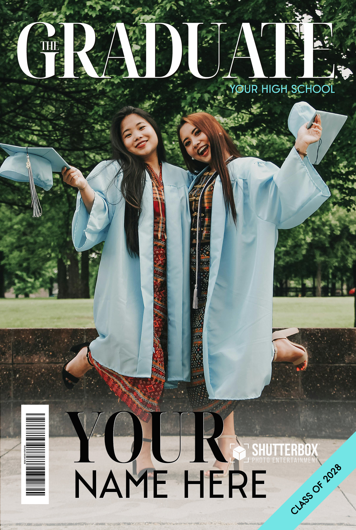 Two students in blue graduation gowns and caps celebrate outdoors. They stand on a grassy area surrounded by trees, holding their caps in the air, smiling. The magazine cover reads The Graduate, with customizable school and name text.