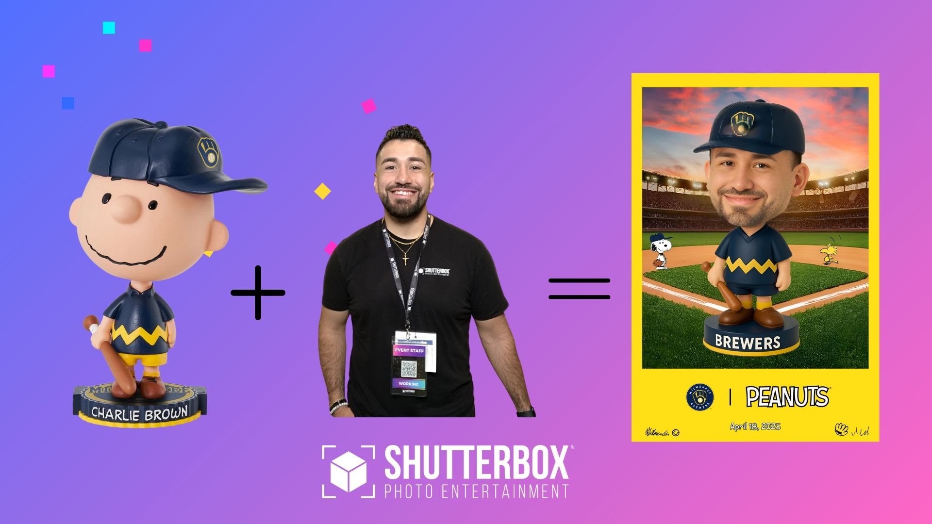 A photo collage features a Charlie Brown figurine, a smiling man, and their caricature on a baseball field—perfect inspiration for your next Chicago photo booth rental.