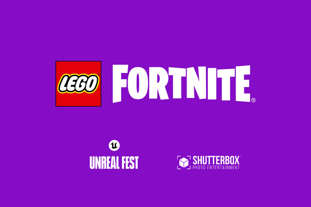 LEGO and Fortnite logos on a purple background, with Unreal Fest and Shutterbox Photo Entertainment logos—perfect for Event Photography in Chicago IL.