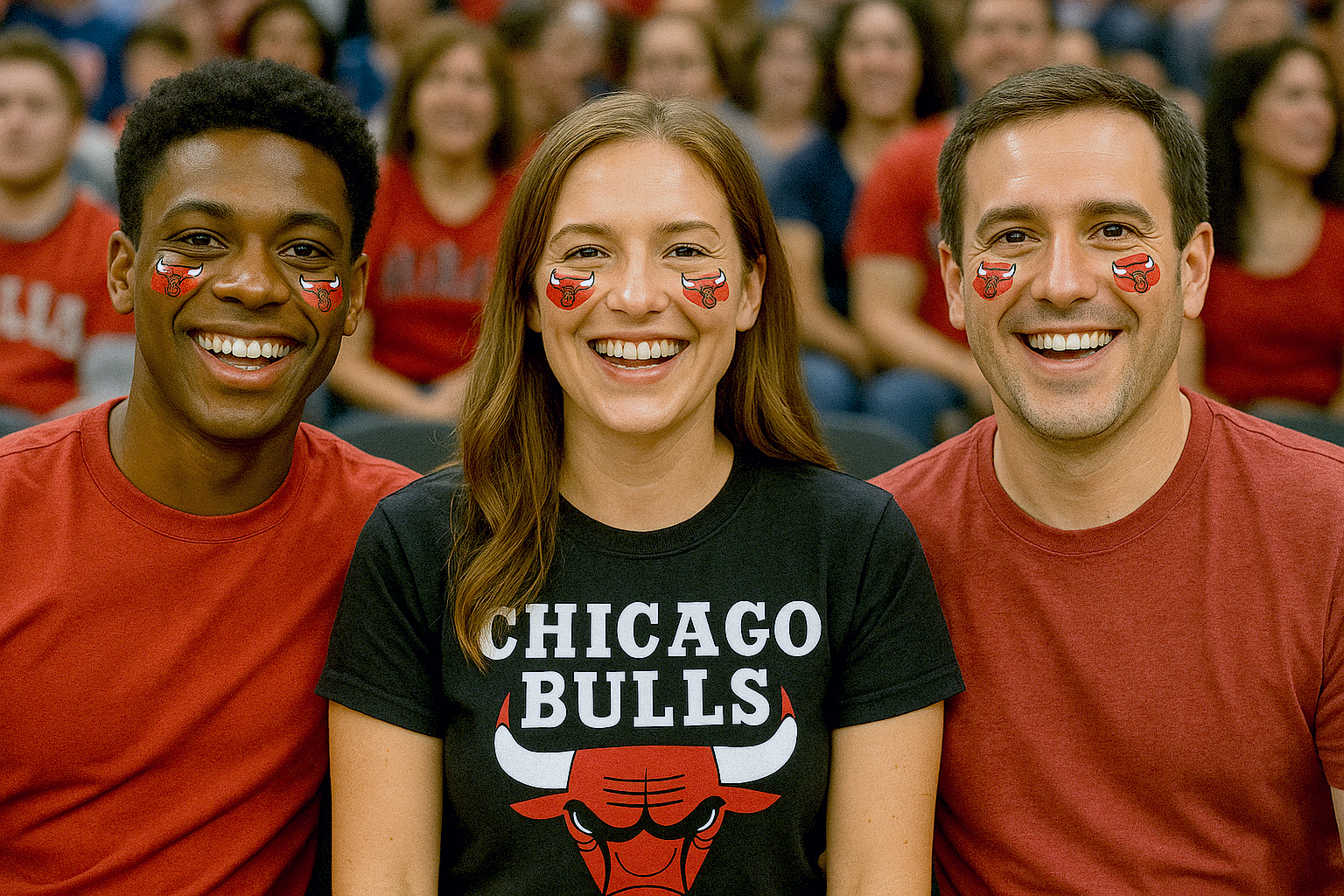 Three people wearing red and Chicago Bulls-themed attire sit together, smiling, with Bulls logos painted on their cheeks. A crowd is visible in the background.