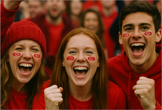 Three young adults in red clothing and face paint smile and cheer at an event, standing close together in a crowded setting.