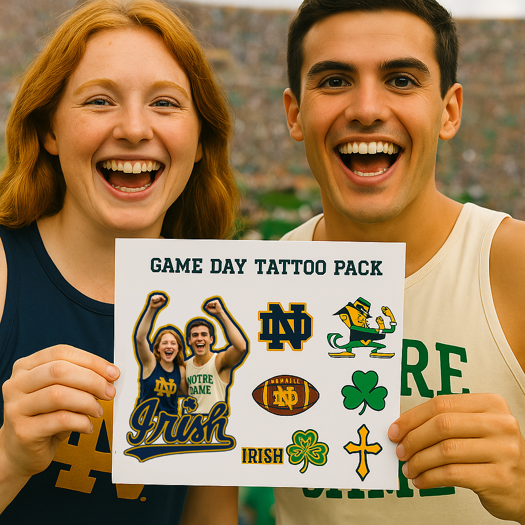 Two smiling people hold a sheet labeled Game Day Tattoo Pack featuring Notre Dame-themed temporary tattoos, including logos, clovers, a cross, and cheerleaders.