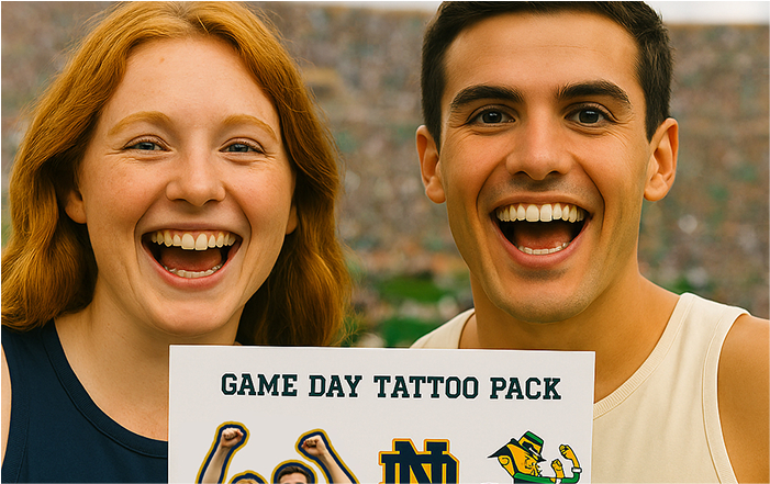 Two smiling people hold a Game Day Tattoo Pack sign with sports-themed temporary tattoos, perfect for your next photo booth rental Chicago event. A stadium crowd is blurred in the background.