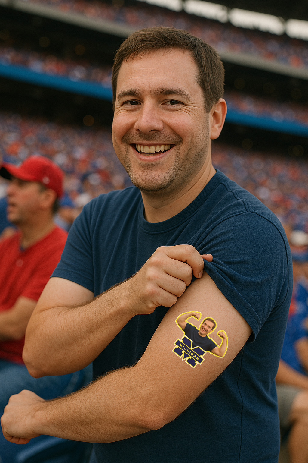 A smiling man at a stadium pulls up his sleeve to show a temporary tattoo of a flexing character wearing a M shirt on his arm.