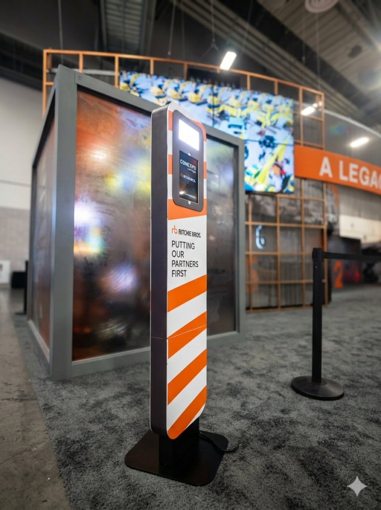 An upright digital kiosk with an orange and white striped design stands on a gray carpeted floor, ready for trading card photo booth rental at an indoor event or exhibition.
