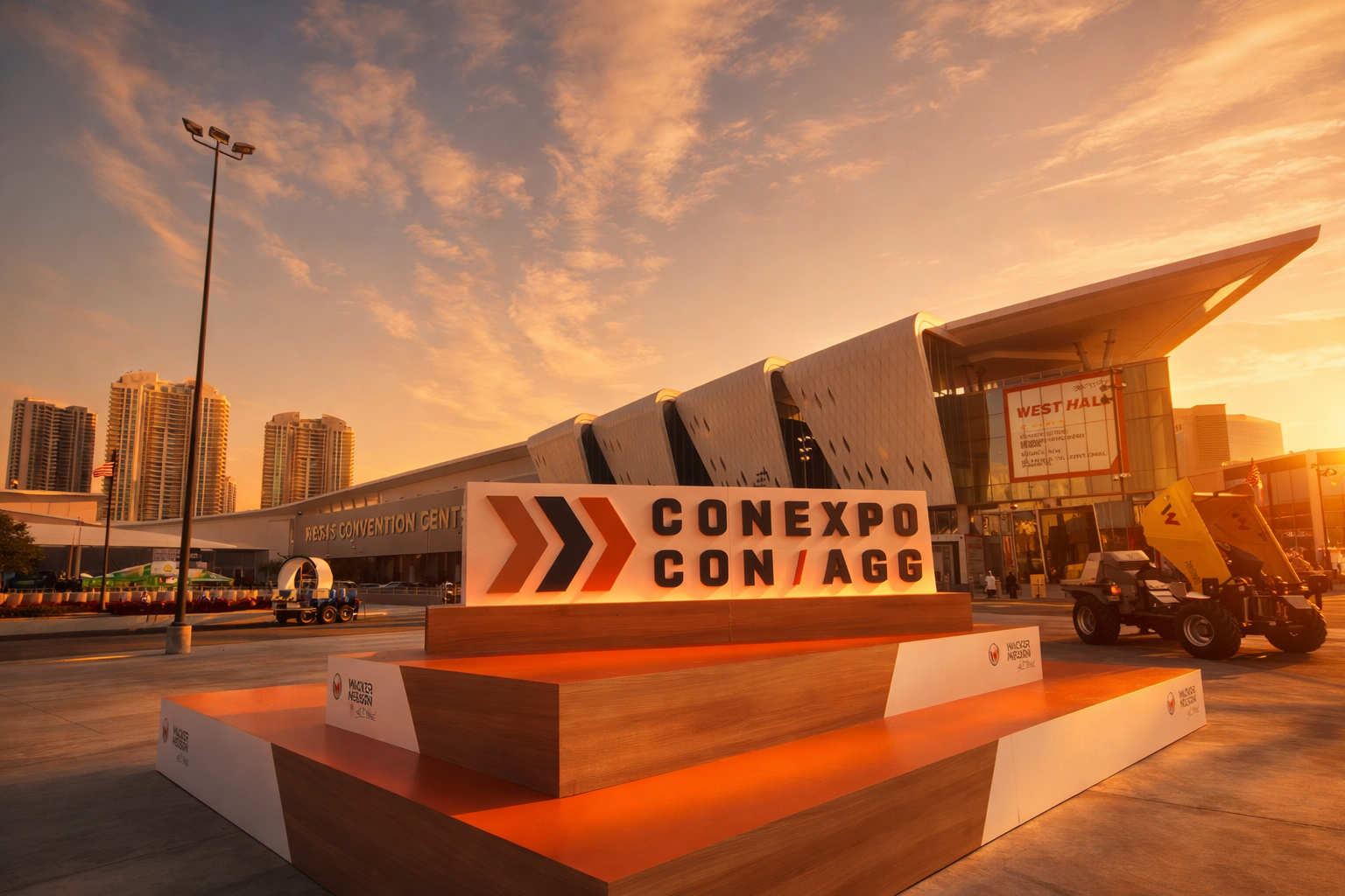 Outdoor view of the CONEXPO-CON/AGG event sign at sunset, featuring branded photo tattoos and construction equipment against a backdrop of tall buildings.