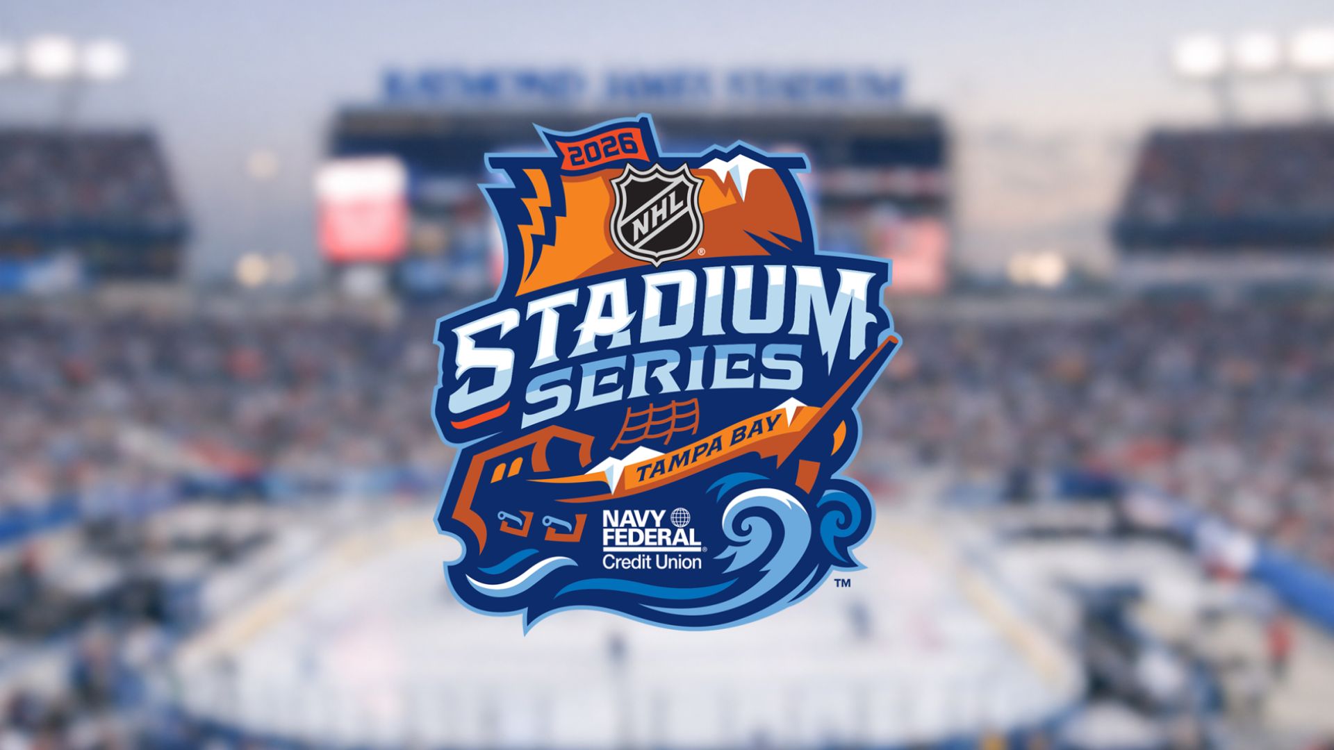 2026 NHL Stadium Series logo with “Tampa Bay” and “Navy Federal Credit Union” text, over a blurred outdoor rink—perfect for AI Photo Booth Las Vegas at trade shows and conventions.