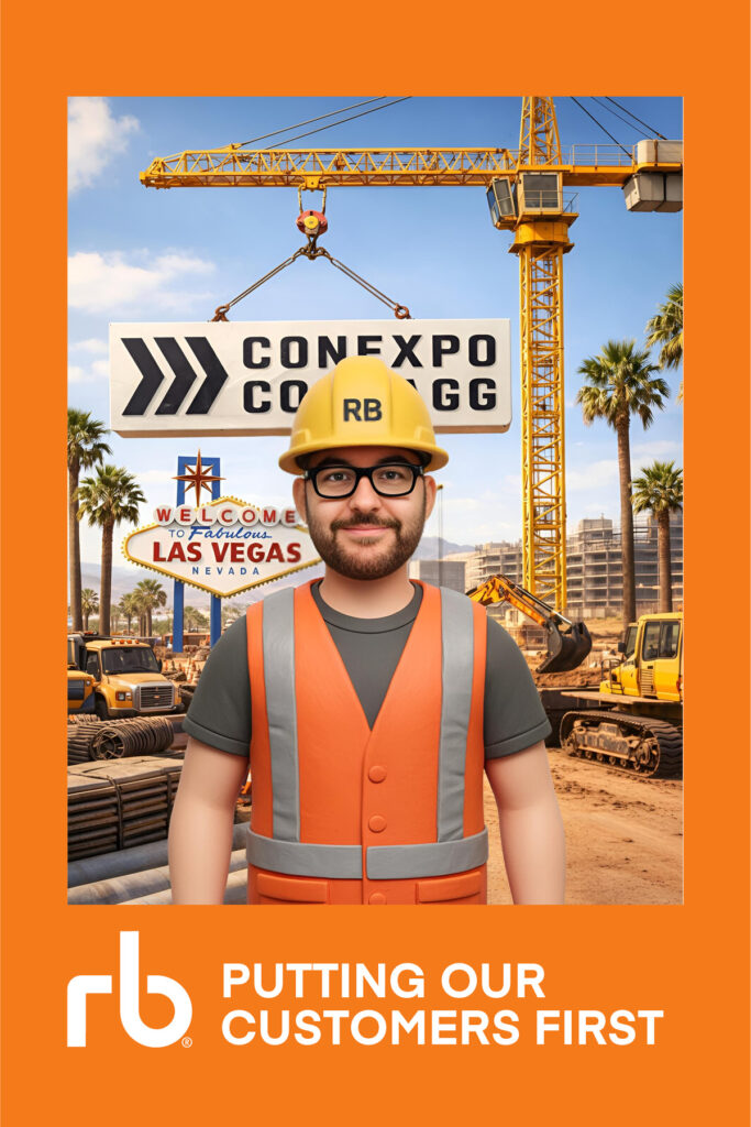 A construction worker in safety gear stands at a site with cranes, a Conexpo sign, and a Welcome to Las Vegas sign. Interactive photo activations put our customers first.