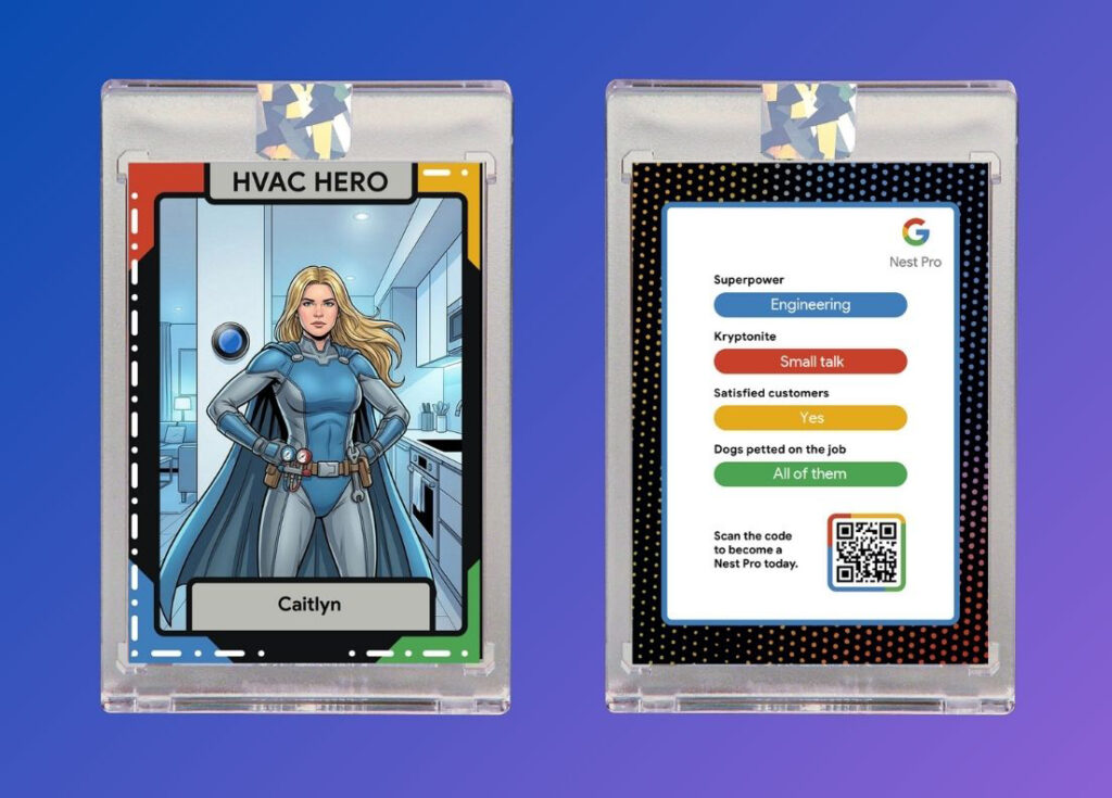 Two trading cards feature superhero Caitlyn in an HVAC setting; the back lists her engineering superpower and includes a QR code, Google branding, and a nod to Photo Booth Rental for Brand Activations.