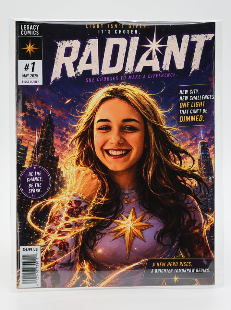 Comic book cover titled Radiant featuring a smiling young woman glowing with light, set against a city skyline at dusk—like the star of a Glambot Photo Booth Las Vegas WrestleMania Event.