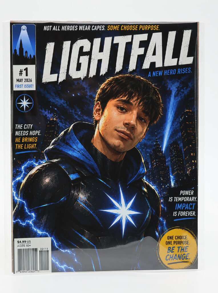 A comic book cover titled LIGHTFALL showcases a young male superhero in a glowing blue suit, set against a cityscape—perfect inspiration for Las Vegas Photo Booth Rentals or Glambot rental for corporate events.