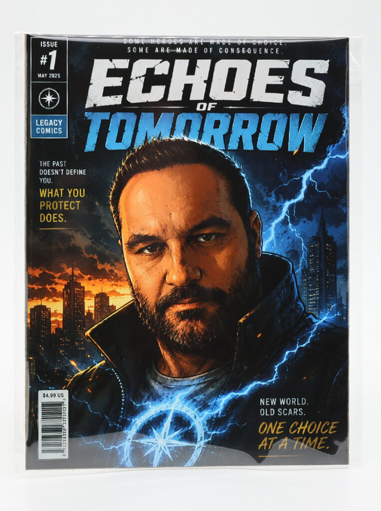 Comic book cover titled Echoes of Tomorrow featuring a serious man, cityscape, lightning, and bold graphics—plus a nod to high-speed camera booth rental excitement.