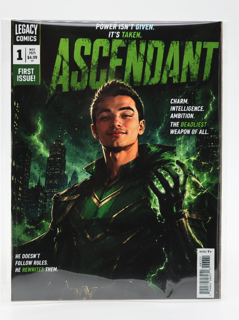 Cover of Ascendant issue #1 from Legacy Comics, featuring a confident young man in a green costume with glowing energy, set against a city skyline—like a Glambot rental for corporate events.