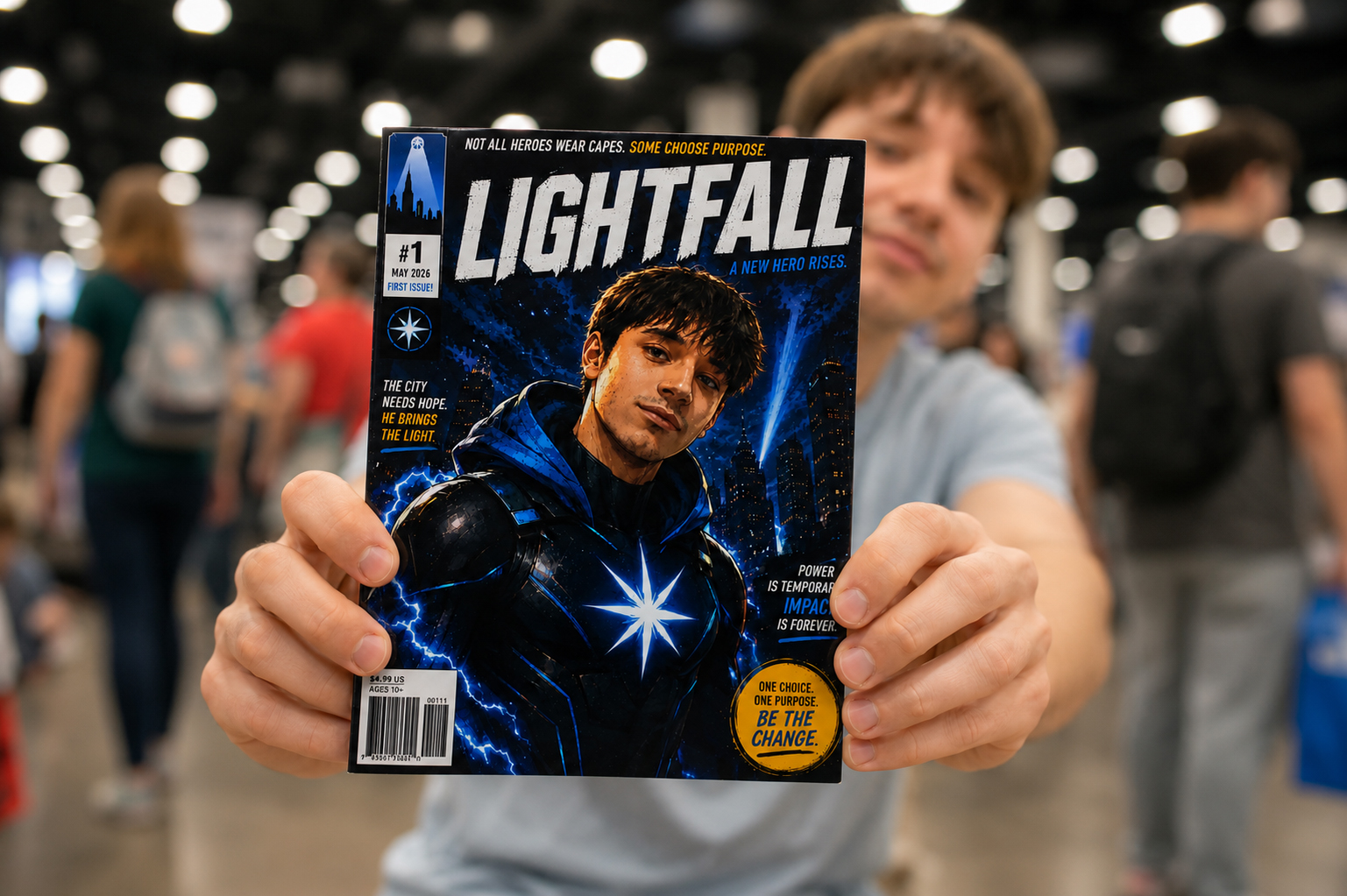 A person holds up a comic book titled “Lightfall” featuring a superhero with a glowing blue emblem at a Las Vegas event photo booth rental during a convention.