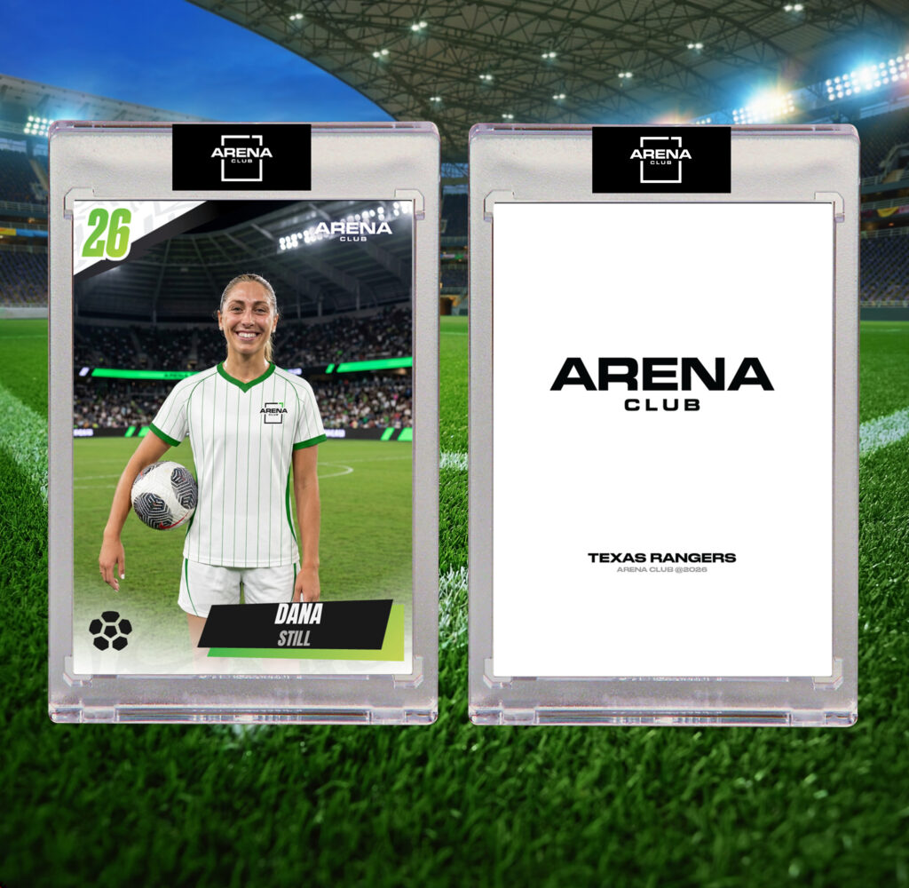 A soccer trading card featuring a smiling player in white, with a stadium background. Back displays Arena Club and Texas Rangers Arena Club Rookie—perfect for Custom Photo Keychains for Events.
