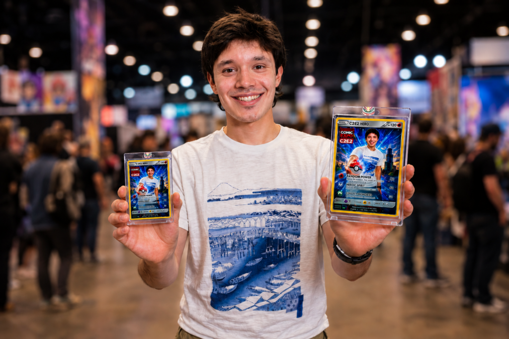 A man at a convention smiles at the camera while holding up two trading cards of himself, created with the AI Keychain Photo Booth.