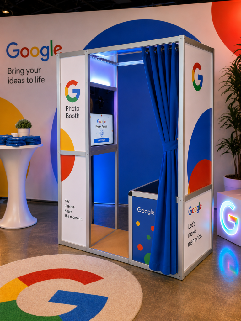 Google-branded Brand Activation Photo Booth with blue curtain, screen, and colorful signage in a modern space, plus a small table featuring blue items.