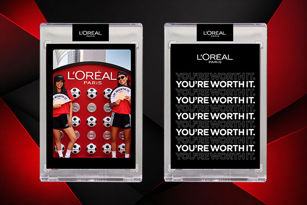 Two L’Oréal Paris Brand Activation Photo Booths: one features two women with soccer balls, the other displays repeated “You’re worth it” text on a black background.