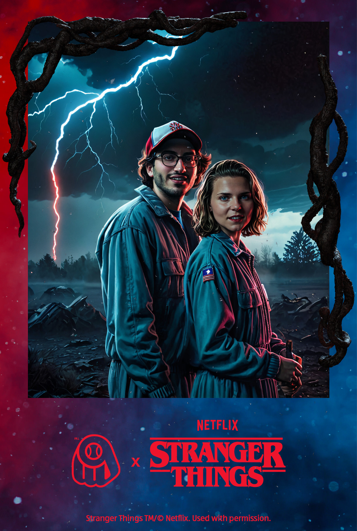 Two people generated by an IA Photo Booth in blue jumpsuits stand together outdoors at night, with lightning in the sky. Stranger Things and Netflix logos appear at the bottom of the image.