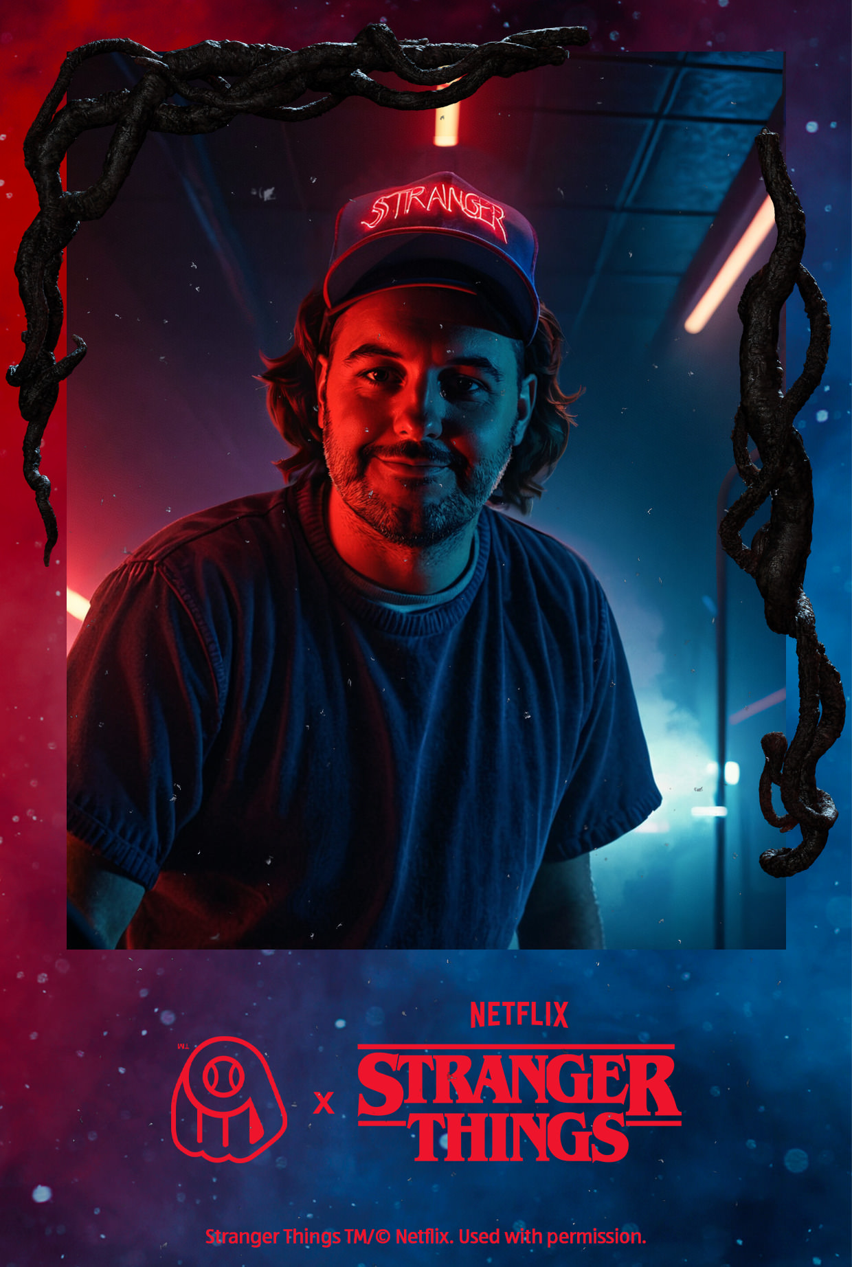 A person in a Stranger Things hat stands in moody blue and red lighting, surrounded by floating black tendrils. The Netflix and Stranger Things logos appear at the bottom.