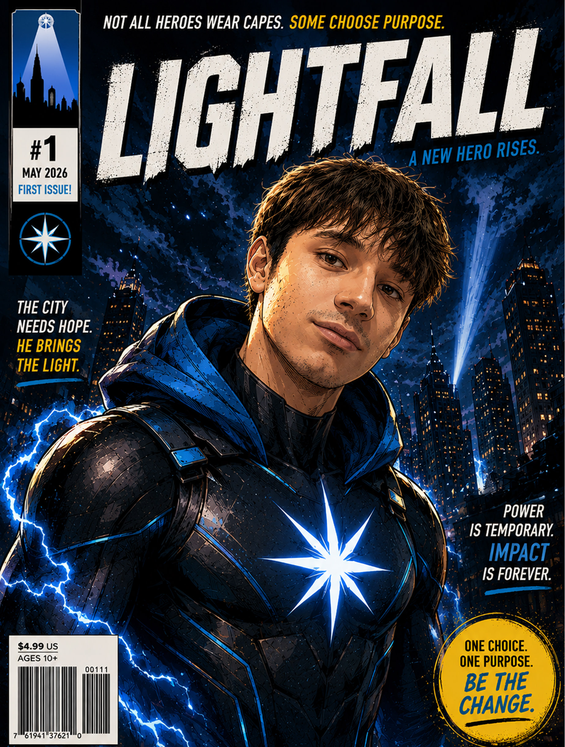 Comic book cover titled LIGHTFALL featuring a young male superhero in a dark suit with a glowing star emblem, set against a night sky with lightning. Text highlights hope, choice, and impact.