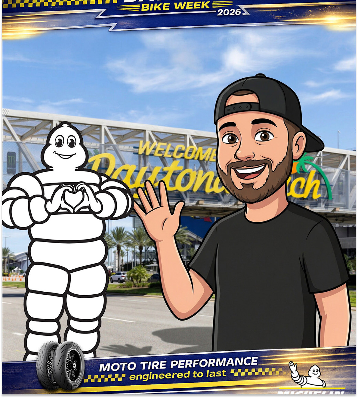 Cartoon man and Michelin mascot wave in front of a Daytona Beach sign; Moto Tire Performance and Bike Week 2026 banners are shown at the top and bottom.
