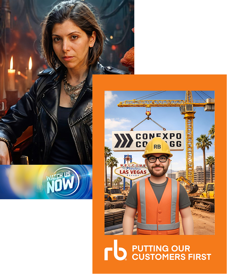 A woman in a leather jacket sits indoors; next to her, an illustrated construction worker stands in front of a CONEXPO Las Vegas sign with the text “Putting Our Customers First.”.