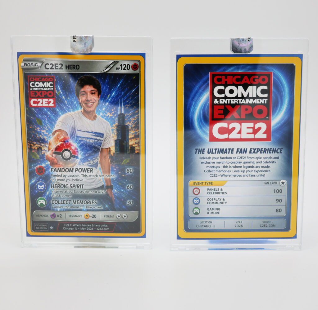 Two custom trading cards promoting C2E2, featuring event info, stats, and a person holding a Captain America shield—plus details on the AI Keychain Photo Booth for unique event souvenirs.