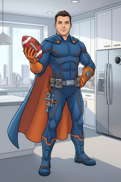 A man in a superhero costume holds a football, standing in a modern kitchen. His suit is blue with orange accents and he wears a utility belt with various gadgets.