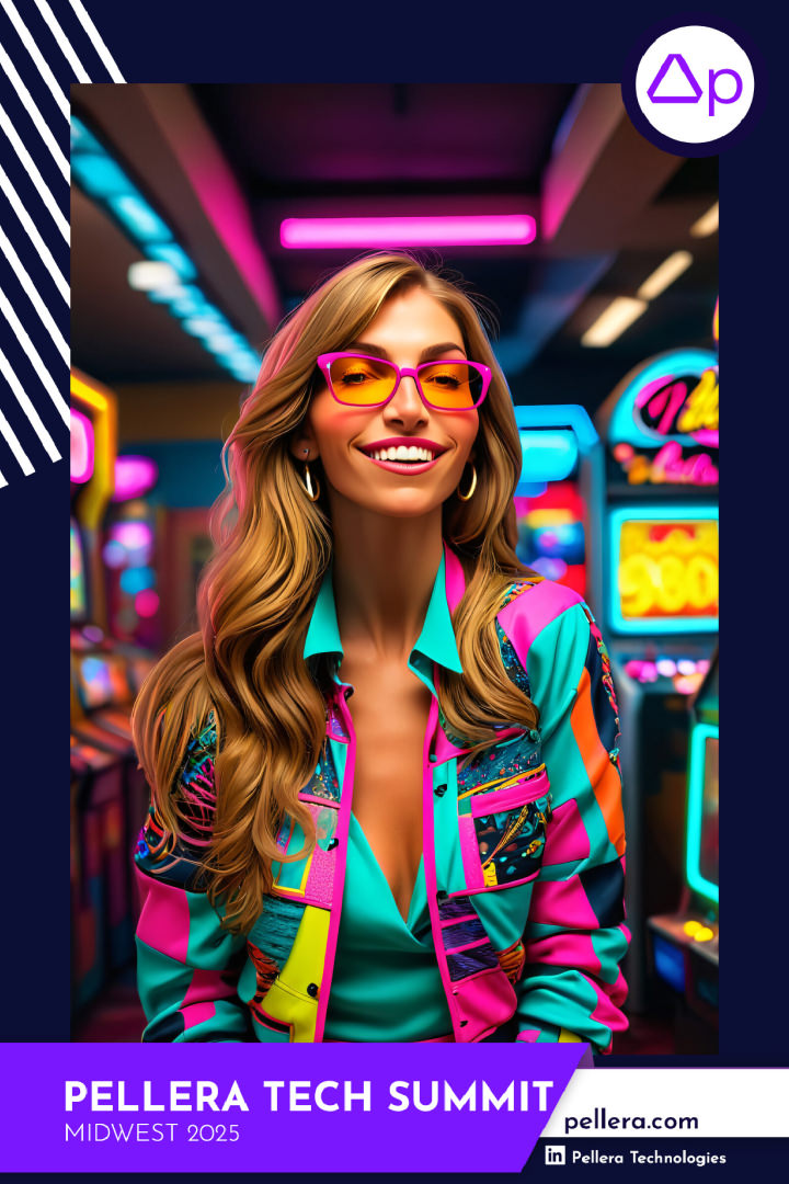 A woman in colorful clothing and pink glasses smiles at an arcade. Sign reads “Pellera Tech Summit Midwest 2025.” Neon lights and arcade machines are visible in the background.